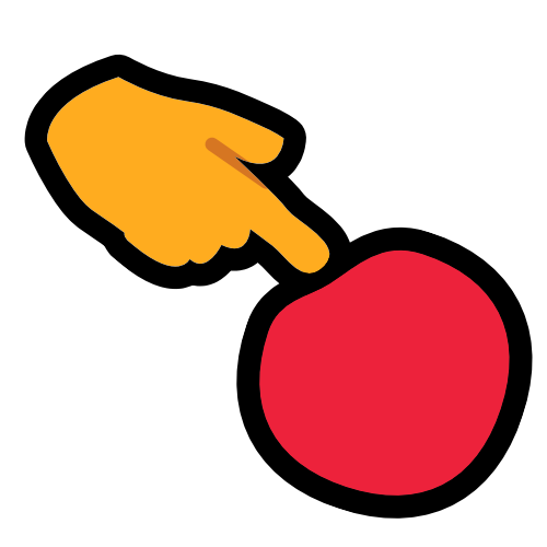 A yellow hand poking a slightly squishy red circle.